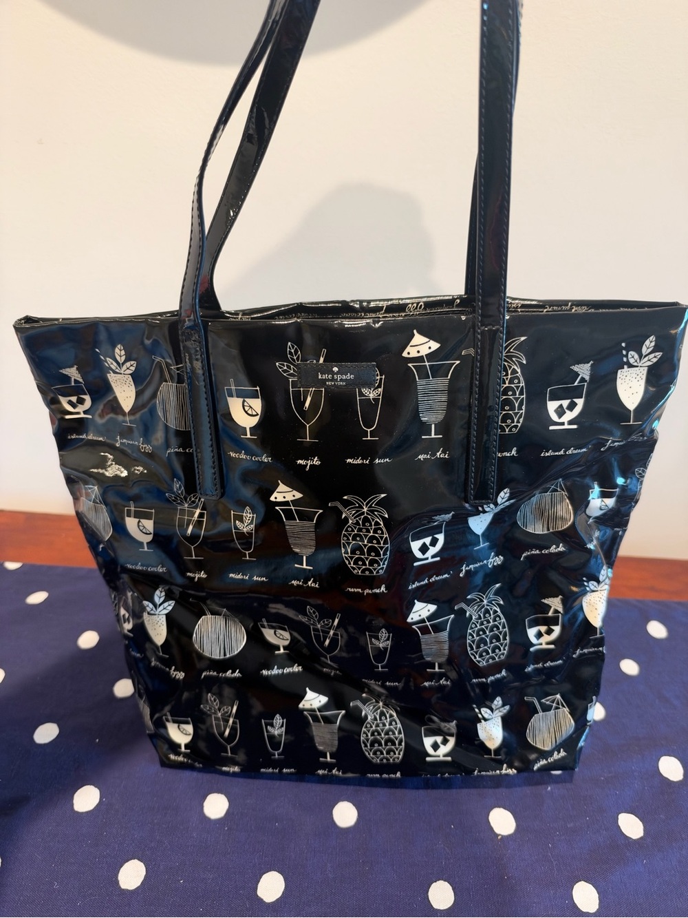 kate spade Black Patent Tote with White Cocktail & Pineapple Motif